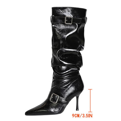 BIGTREE Shoes Sexy Stiletto Women Knee High Boots Pointed High-heeled Boots Belt Buckle Design Long Boots Pleated Leather Boots