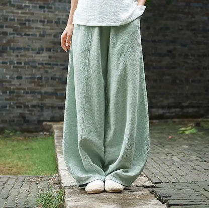 Cotton Linen Bloomers Wide Leg Pants Women Vintage Full Length Fashion Elegent Pants Solid Elasitic Waist Spring Autumn 5XL