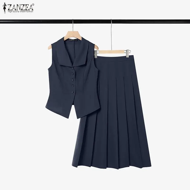 ZANZEA Women Elegant 2 Piece Matching Sets Lapel Sleeveless Vests Tops & Pleated A-Line Maxi Skirts Office Commute 2pcs Suits