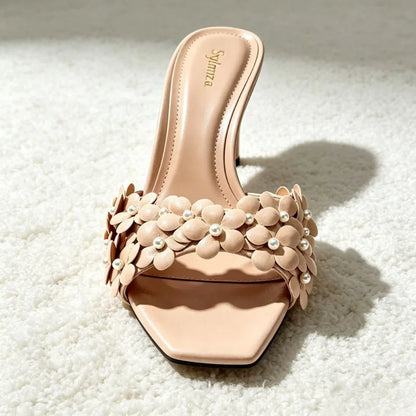 Elegant Flower Pearl Detail Heeled Mule Sandals Women Fashion Square-Toe Open-Toe Slide Sandals Wedding Brides Designer Shoes