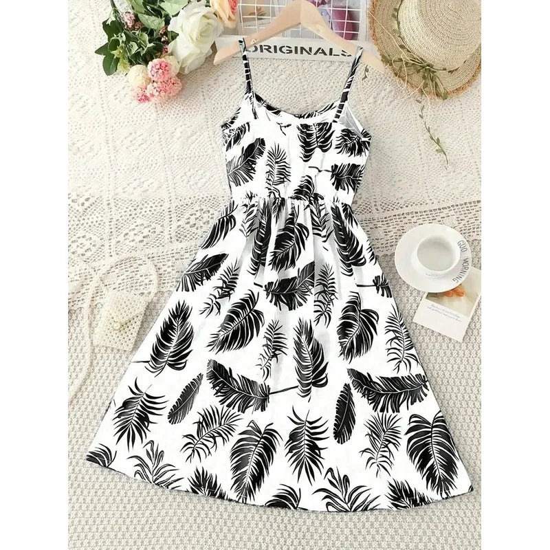 Girls Summer Casual Comfortable Beach Leaf Print Sleeveless V-Neck Jumpsuit Long Skirt Skirt Jumpsuit for Kids