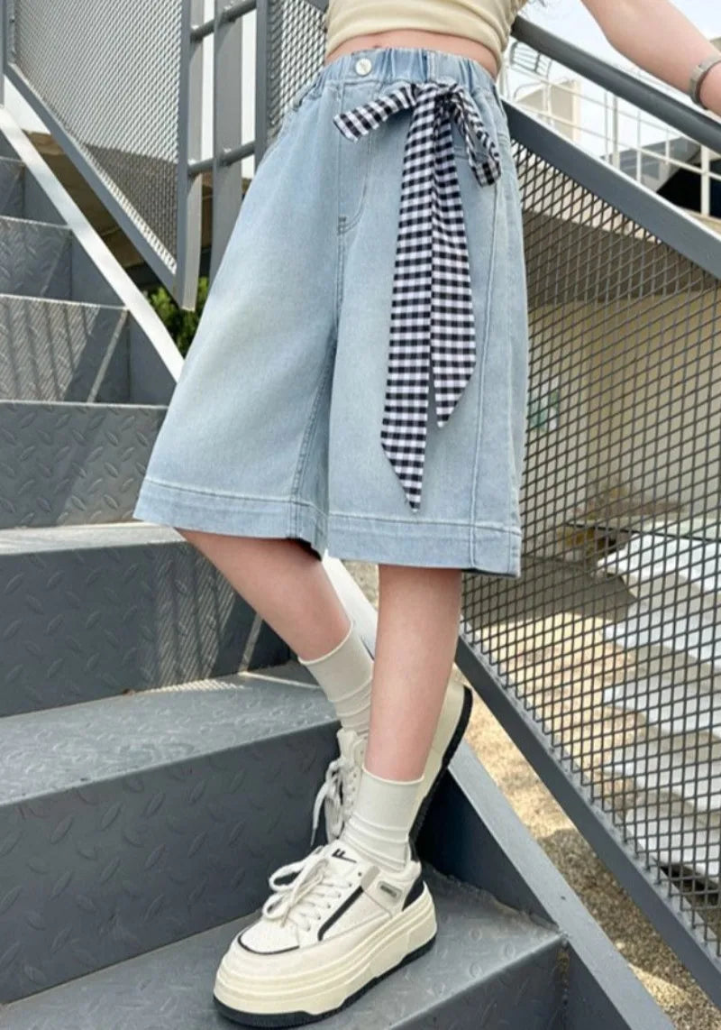 Lightweight Girls' Denim Crop Shorts 2026 Summer Loose Design with Lace Trim Kids' Cotton Blend Shorts