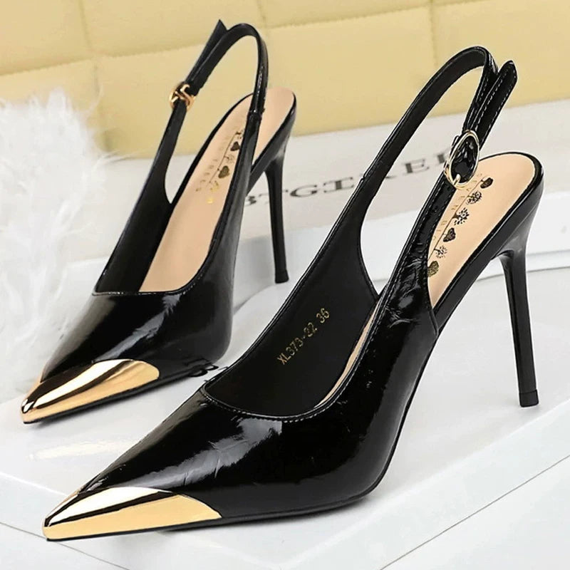 New Women 9.5 Cm Heels Metal Pointed Tip Women Pumps Hollow Out Hook Strap High Heeled Sandals Women Summer Shoes Plus Size 43