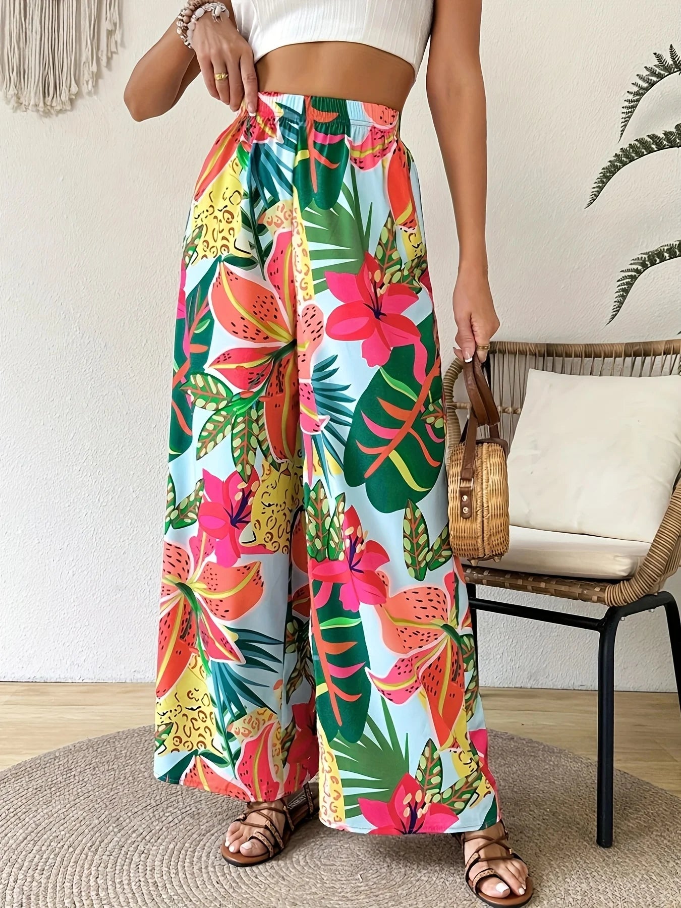 Women's Floral Tropical Wide Leg Pants Casual Comfortable Loose Fit Vacation Wear with Elastic Waist 2026