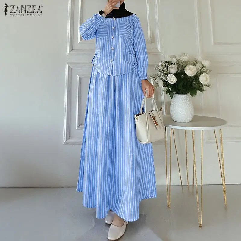 ZANZEA Muslim Hijabs Women's Striped Skirt Suits Long Sleeve Shirt & A-Line Maxi Skirt 2 Pieces Sets Islamic Woman 2pcs Outfits