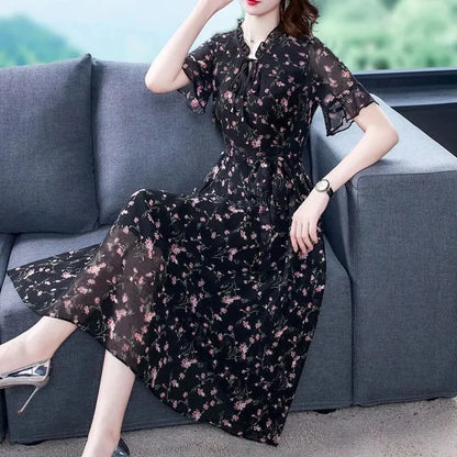 Women Summer Chiffon Printed Dresses 2025 Spring Summer Long Elegant Drawstring Dress Female Large Size Midi Dresses 6XL W752