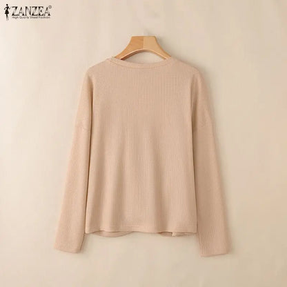 ZANZEA Women Autumn Waffle Knit Long Sleeve T-Shirts Crew Neck Twisted Knot Hem Pullover Tops Casual Loose Solid Woman Clothes