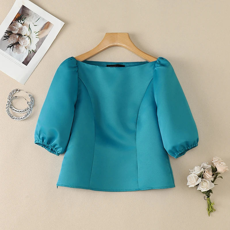 ZANZEA Woman Elegant Satin Blouses Boat Neck Puff Sleeves Princess Seams Solid Color Crop Tops Summer Graceful Party Blusa Mujer