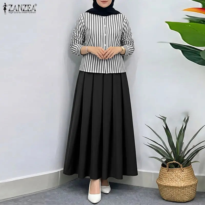 ZANZEA Women Muslim Matching Sets Modest Outfits Summer Long Sleeve Buttons -Up Striped Blouse Elastic Waist Pleated Skirt Suit