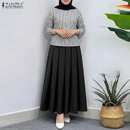 ZANZEA Women Muslim Matching Sets Modest Outfits Summer Long Sleeve Buttons -Up Striped Blouse Elastic Waist Pleated Skirt Suit