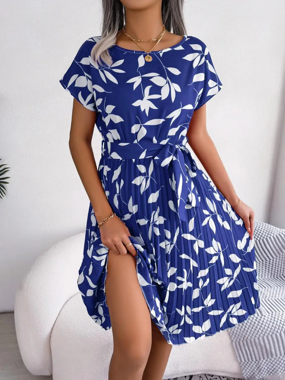 Ficusrong Fashion Floral Pleated A Line Long Dress Women Spring Summer Short Sleeve High Waist Chic Dress