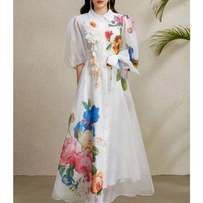 Chic vintage Sexy print mesh lace-up button Fairy Summer  Women Boho Sundress women clothing Long dress
