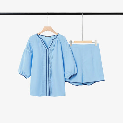 ZANZEA Women's Casual Short Sets Summer 3/4 Lantern Sleeve Contrast Trim V-Neck Shirt & Elastic Waist Shorts 2pcs Suits Outfits