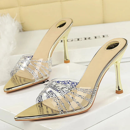 BIGTREE Shoes Transparent Design High-heeled Sandals Rhinestone Women Pumps Stiletto 9 cm Heels Summer Open Toed Pointed Sandals