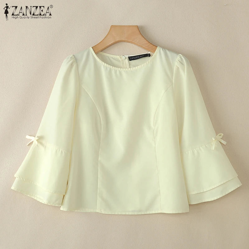 ZANZEA Elegant Woman Princess Seam Short Blouses O-Neck Bow Details 3/4 Flared Sleeves Tops Summer Solid Color Blusas de Mujer