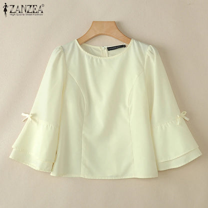 ZANZEA Elegant Woman Princess Seam Short Blouses O-Neck Bow Details 3/4 Flared Sleeves Tops Summer Solid Color Blusas de Mujer