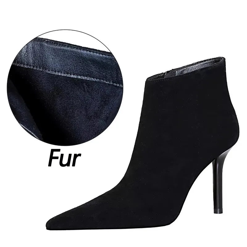 BIGTREE Shoes Suede Ankle Boots For Women Heels Winter Boots Pointed Stilettos High-heeled Boots Side Zipper Black Short Boots
