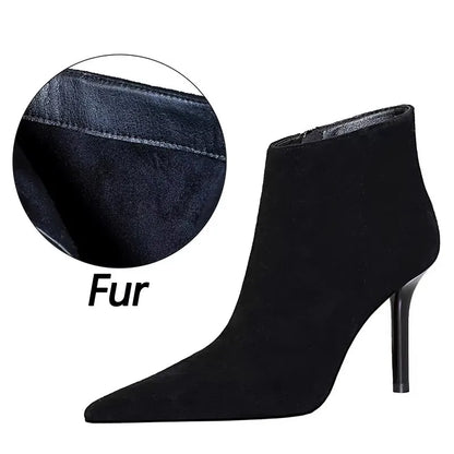 BIGTREE Shoes Suede Ankle Boots For Women Heels Winter Boots Pointed Stilettos High-heeled Boots Side Zipper Black Short Boots