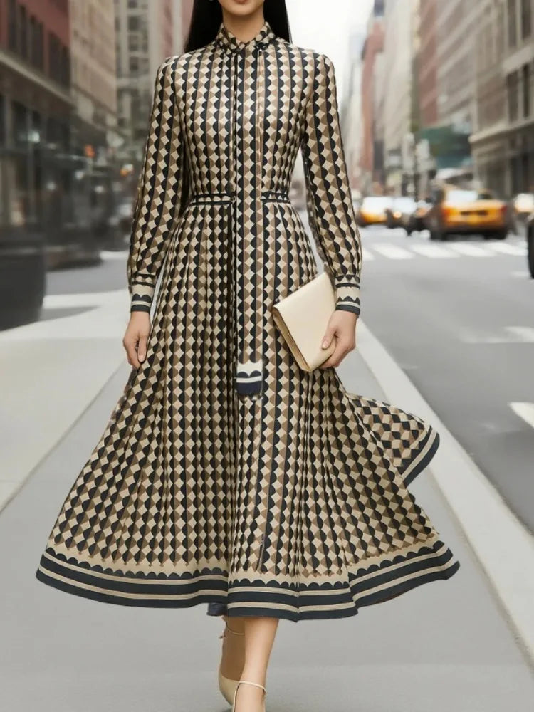 Gymystars Women's Dress Long Sleeve Stand Collar Maxi Dresses Fashion Geometric Rhombus Loose Elegant High Waist Female Rube