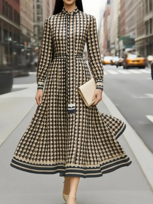 Gymystars Women's Dress Long Sleeve Stand Collar Maxi Dresses Fashion Geometric Rhombus Loose Elegant High Waist Female Rube