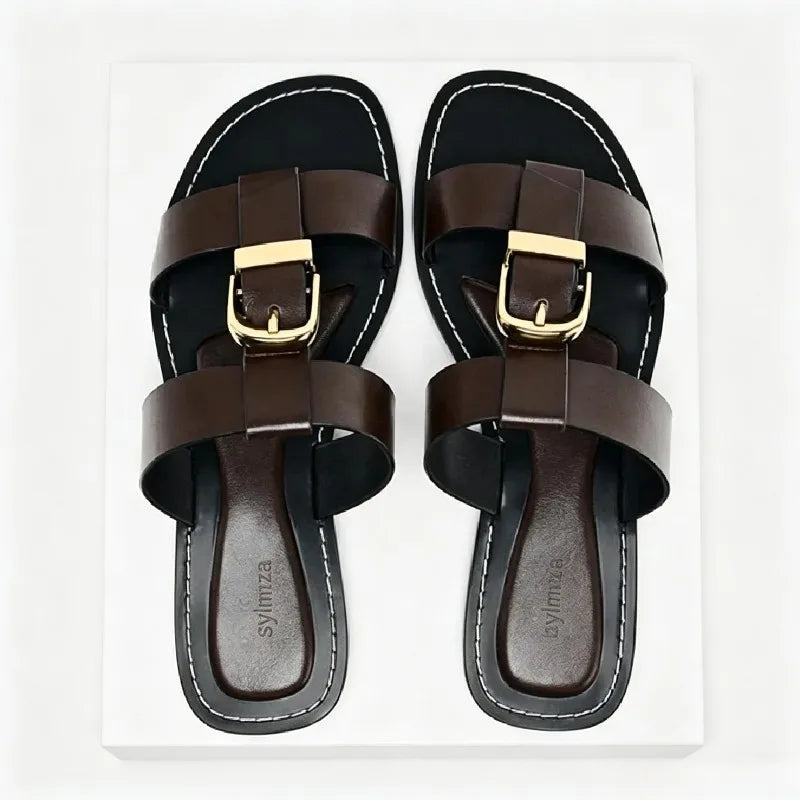 Punk Style Metal Buckle Decoration Flat Sandals Women Stitching Design Women Slippers Summer Comfortable Open Toe Slide Sandals