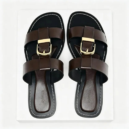 Punk Style Metal Buckle Decoration Flat Sandals Women Stitching Design Women Slippers Summer Comfortable Open Toe Slide Sandals