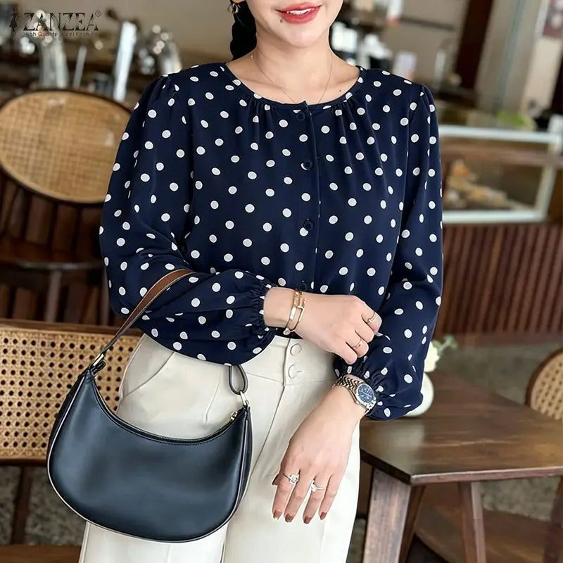 ZANZEA Women Polka Dot Fashionable Blouses O-Neck Lantern Sleeves Button Up Shirt 2026 Spring Fall Daily Casual Camisas de Mujer