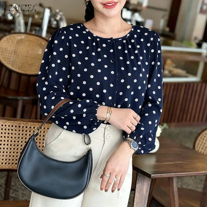 ZANZEA Women Polka Dot Fashionable Blouses O-Neck Lantern Sleeves Button Up Shirt 2026 Spring Fall Daily Casual Camisas de Mujer