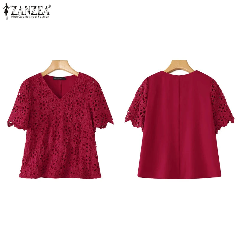 ZANZEA Summer Embroidered Eyelet Blouses for Woman Casual V-Neck Short Sleeve Hollow Out Lace Solid Blusas Mujer Daily Vacation