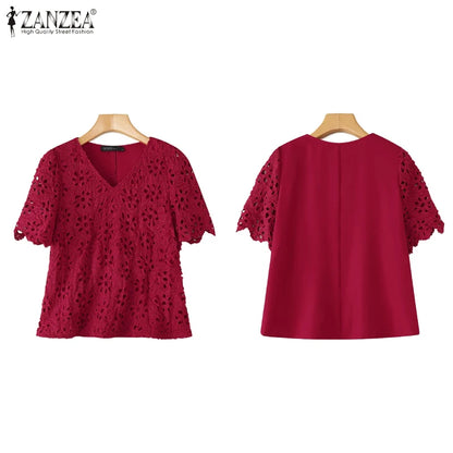 ZANZEA Summer Embroidered Eyelet Blouses for Woman Casual V-Neck Short Sleeve Hollow Out Lace Solid Blusas Mujer Daily Vacation