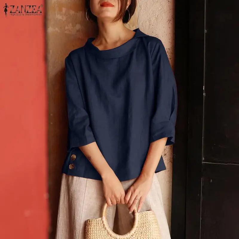 ZANZEA Woman Summer Blouses Irregular Turn-Down Collar 3/4 Sleeve Solid Color Tops Spring Summer Loose Casual Blusas de Mujer