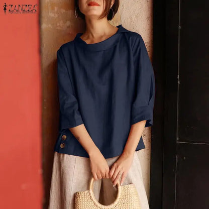 ZANZEA Woman Summer Blouses Irregular Turn-Down Collar 3/4 Sleeve Solid Color Tops Spring Summer Loose Casual Blusas de Mujer
