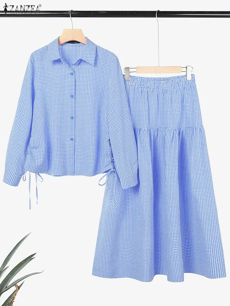 2026 ZANZEA Summer Women Long Sleeve Shirt Dress Sets Muslim 2 Piece Sets Hijab Outfits Casual Striped Work Skirt Suit Ramadan