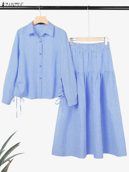 2026 ZANZEA Summer Women Long Sleeve Shirt Dress Sets Muslim 2 Piece Sets Hijab Outfits Casual Striped Work Skirt Suit Ramadan