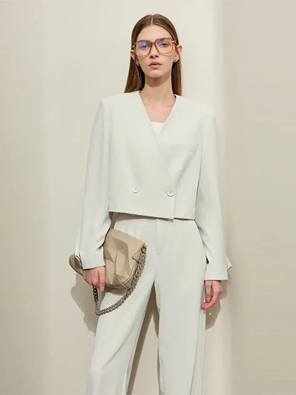 AMII Minimalism Women's Pants 2025 Autumn New Office Lady V-neck Loose Short Blazer Jacket Casual Solid Pants Separate 12441110