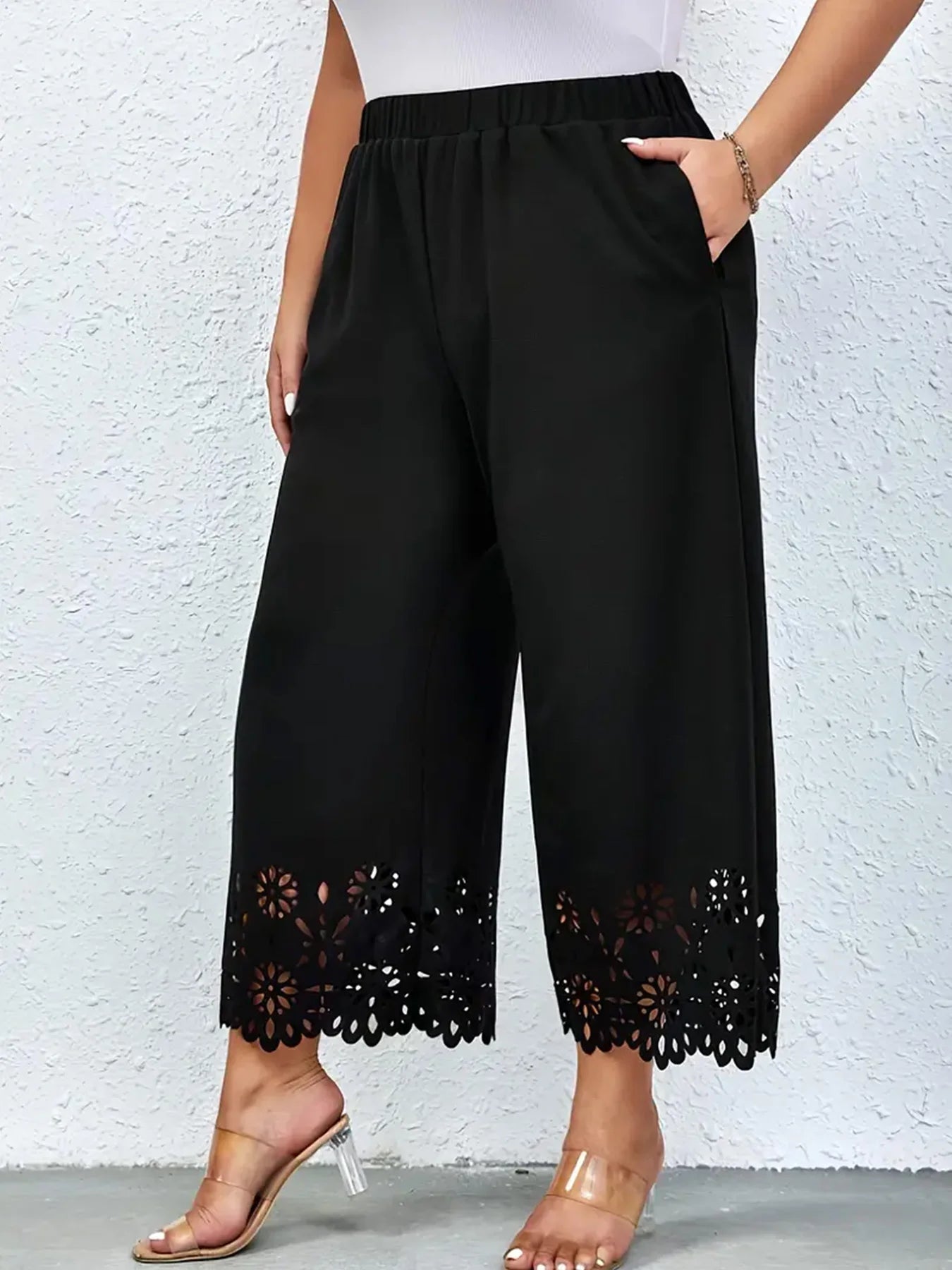 Women's 2024 summer new plus size knitted fabric elegant temperament hollow wide leg pants