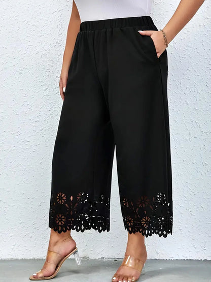 Women's 2024 summer new plus size knitted fabric elegant temperament hollow wide leg pants