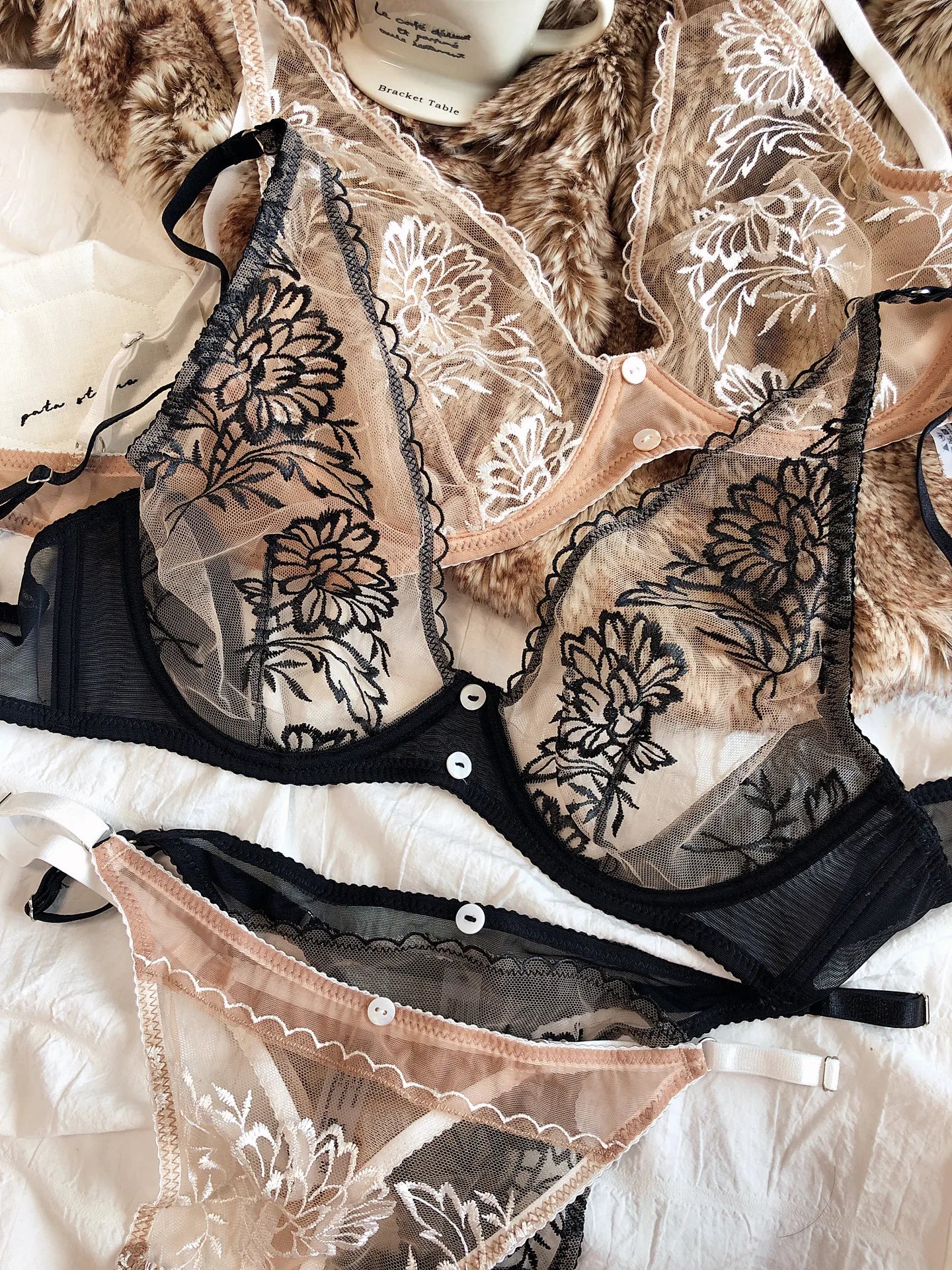 French Sexy Ultra Thin Women Underwear Deep V Push Up Bra Romantic Lace Flowers Embroidery Lingerie Wire Free Bra and Thong Sets
