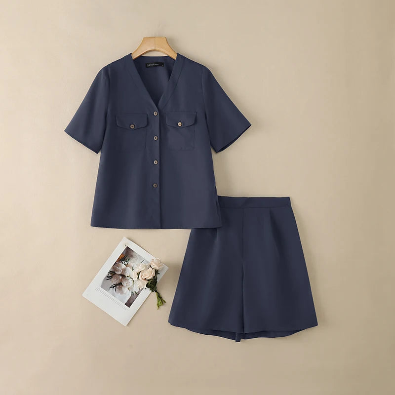 ZANZEA Summer 2 Pieces Sets Holiday Outfit Fashion Women Short Sets V Neck Short Sleeve Blouse Short Suit Solid Casual Tracksuit