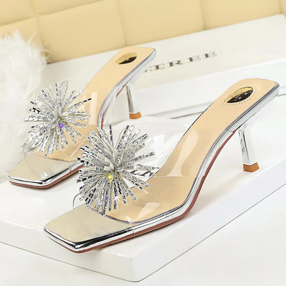 BIGTREE Shoes Rhinestone Flower Heeled Sandals Women Summer Shoes Square Head Slippers Women Transparent Stiletto Heels 6.5 cm