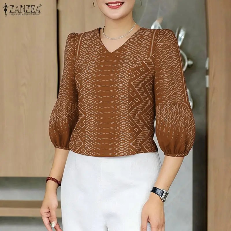 ZANZEA Woman Vintage Ethnic Print Blouses V-Neck 3/4 Lantern Sleeve Princess Seam Short Tops Summer Side Zipper Blusas de Mujer
