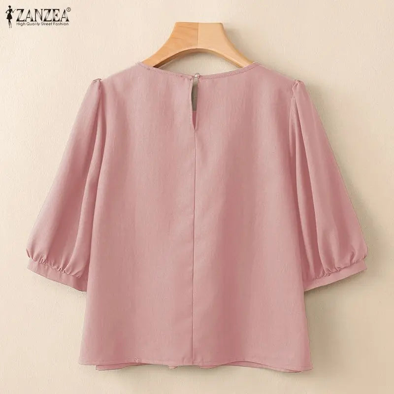 ZANZEA 2026 Woman Pintuck Blouses Casual Round Neck Half Puff Sleeve Solid Color Tops Summer Daily Commute Work Blusas Mujer