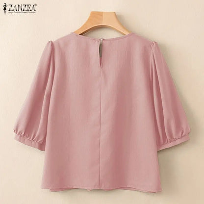 ZANZEA 2026 Woman Pintuck Blouses Casual Round Neck Half Puff Sleeve Solid Color Tops Summer Daily Commute Work Blusas Mujer