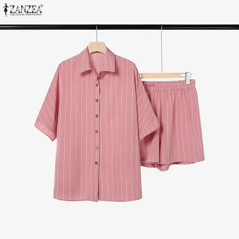 2026 ZANZEA Summer Elegant Short Sleeve Lapel Neck Shirt Short Sets Casual Women 2 Pieces Sets Striped Holiday Outfits Tracksuit