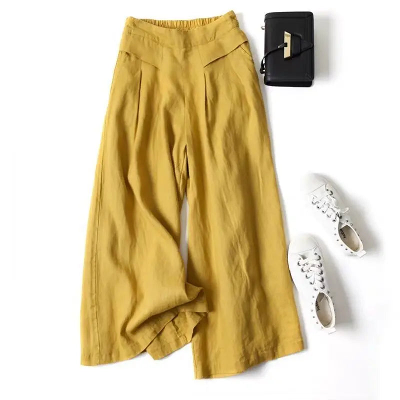 Y2K Lady Nine-point Pants Mid-rise Cotton Linen Wide-leg Large Size Trousers Loose Casual Commuting Daily Wear Tights Sweatpants