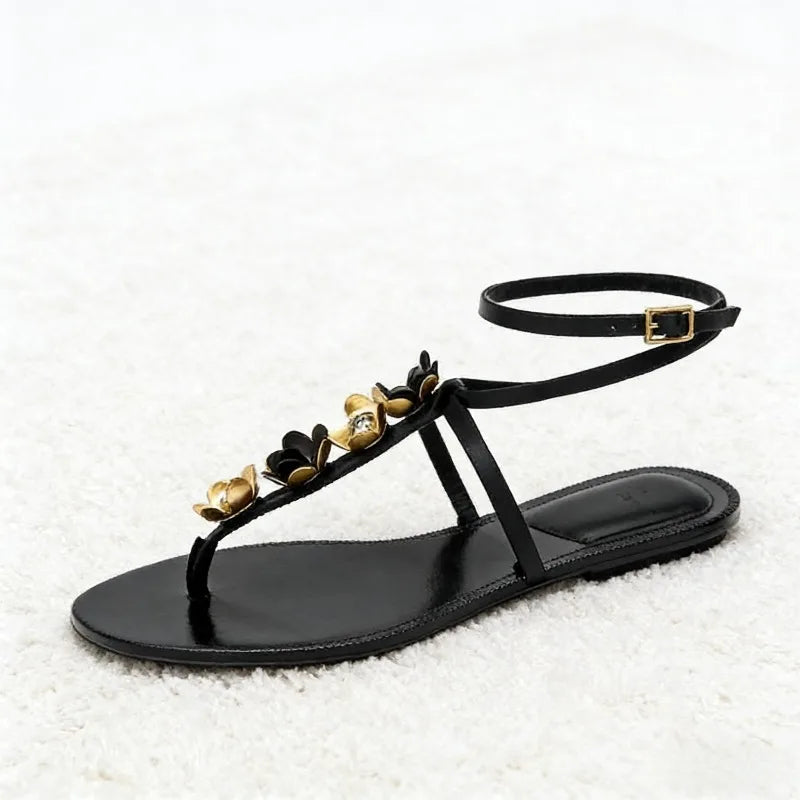 Luxury Metal Flower Decoration Flat Sandals Women Sexy Peep Toe Ankle Strap Flip Flops Summer Fashion Comfortable Beach Sandals