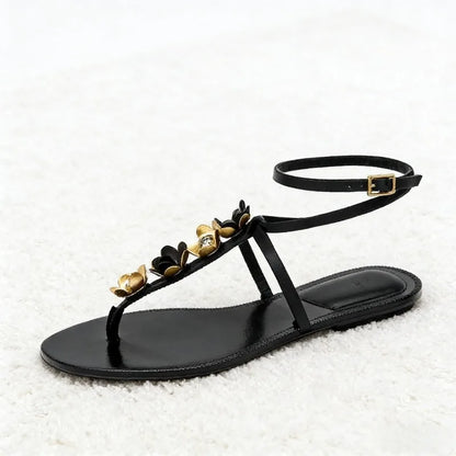 Luxury Metal Flower Decoration Flat Sandals Women Sexy Peep Toe Ankle Strap Flip Flops Summer Fashion Comfortable Beach Sandals