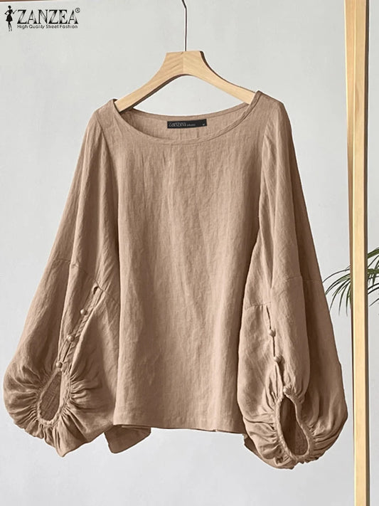 ZANZEA Vintage Tops Women Casual OL Work Blouse Elegant Solid Color Shirts O Neck Loose Tunics Summer Female 3/4 Sleeve Blusas