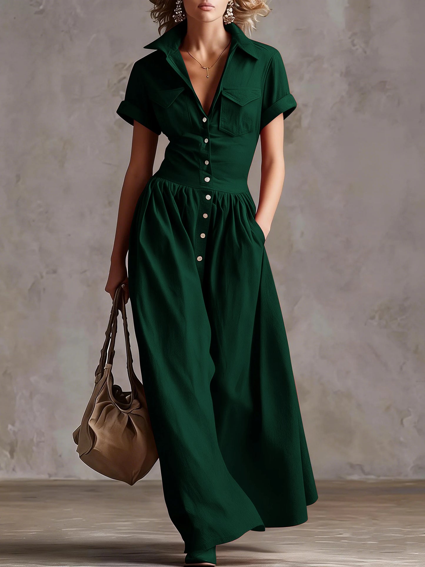 Women's Western Solid Color Woven Button-Down Collar Short Sleeve Long Dress