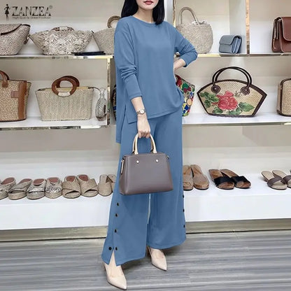 ZANZEA Autumn Outfits Women Casual O Neck Long Sleeve Tops Wide Leg Pants Sets 2 Piece Sets Solid Color Loose Tracksuit Oversize
